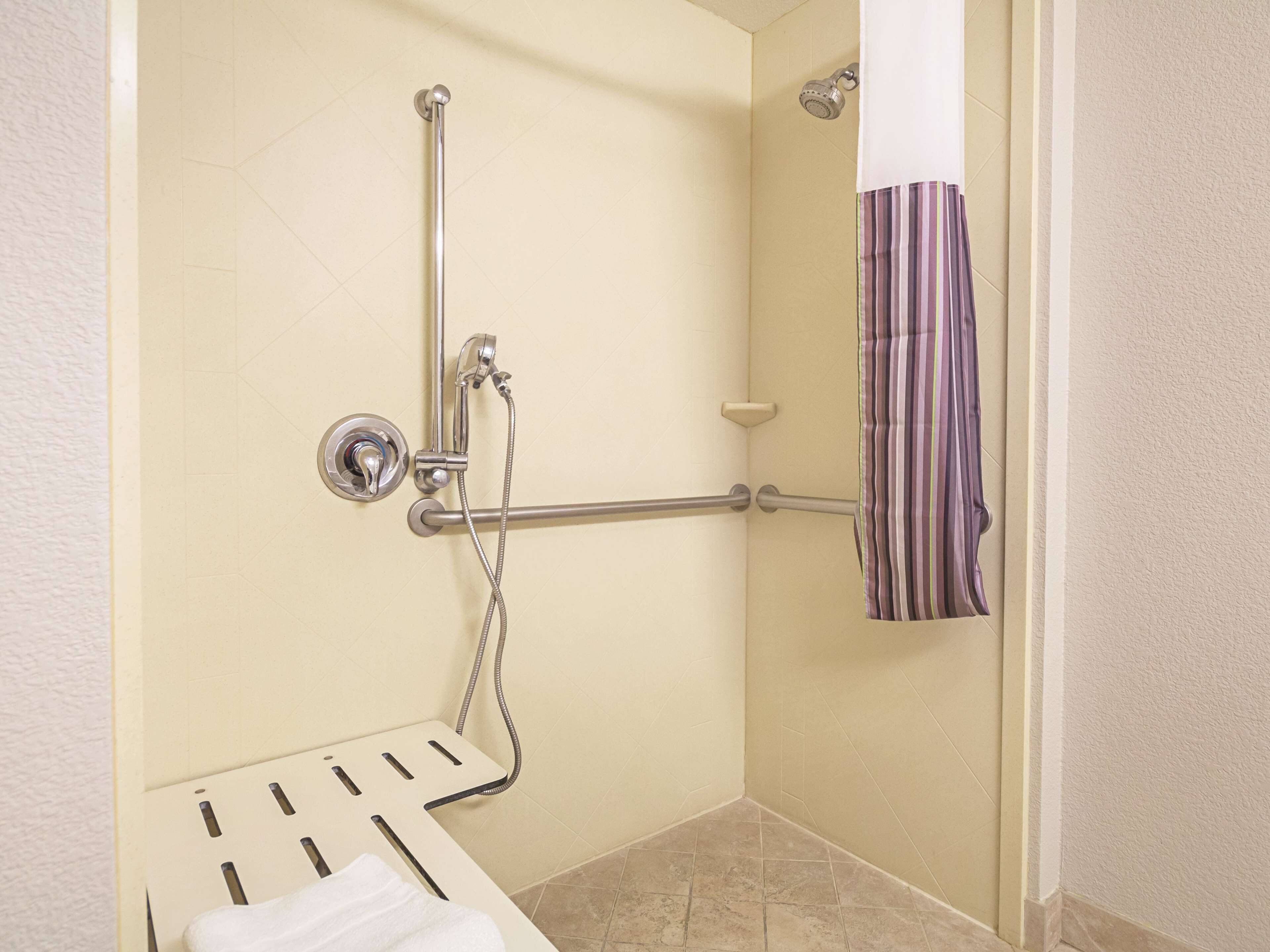 A shower area with a grab bar, a towel rack, and a showerhead.
