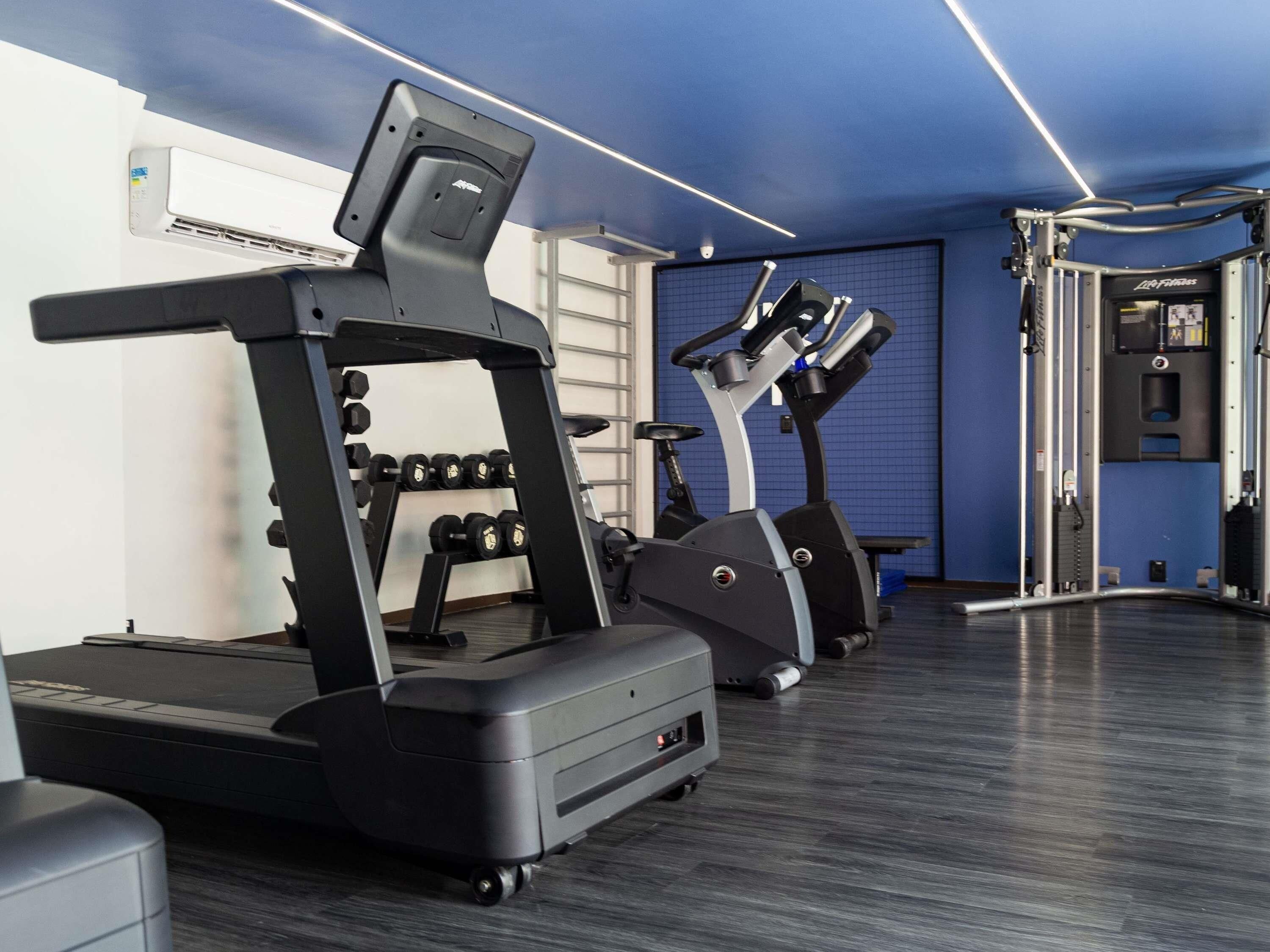 A gym with treadmills, elliptical machines, and dumbbells.