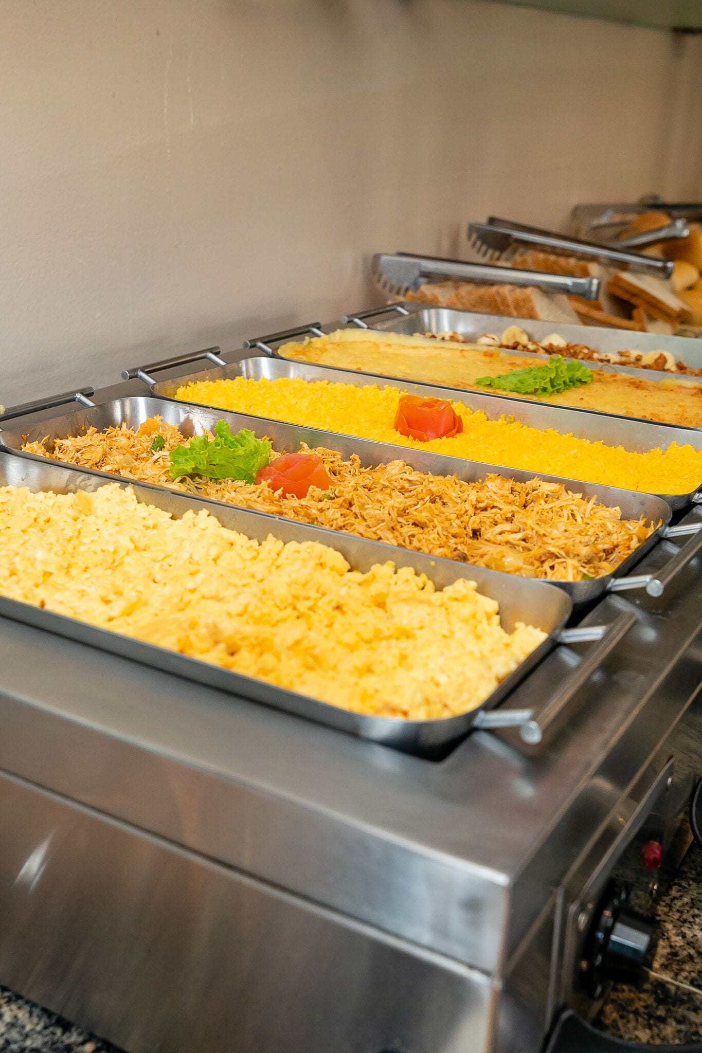 Un bufé con diversas opciones de comida, como arroz, carne desmenuzada y verduras.