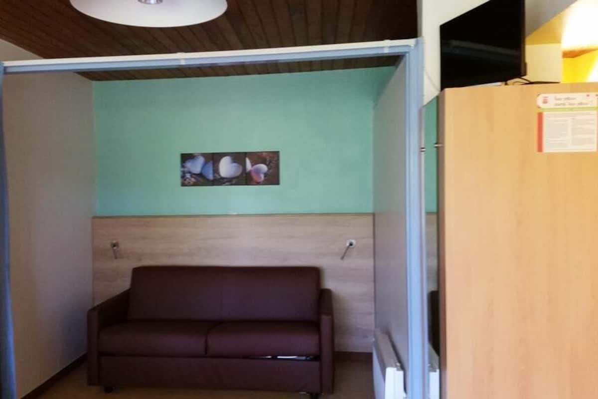 A room with a brown sofa, a green wall, and a wooden ceiling.