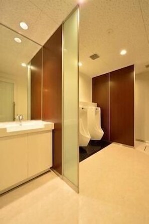 Combined shower/tub, free toiletries, hair dryer, slippers