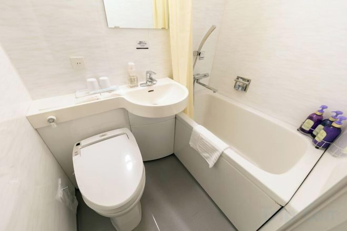 Combined shower/tub, free toiletries, hair dryer, slippers