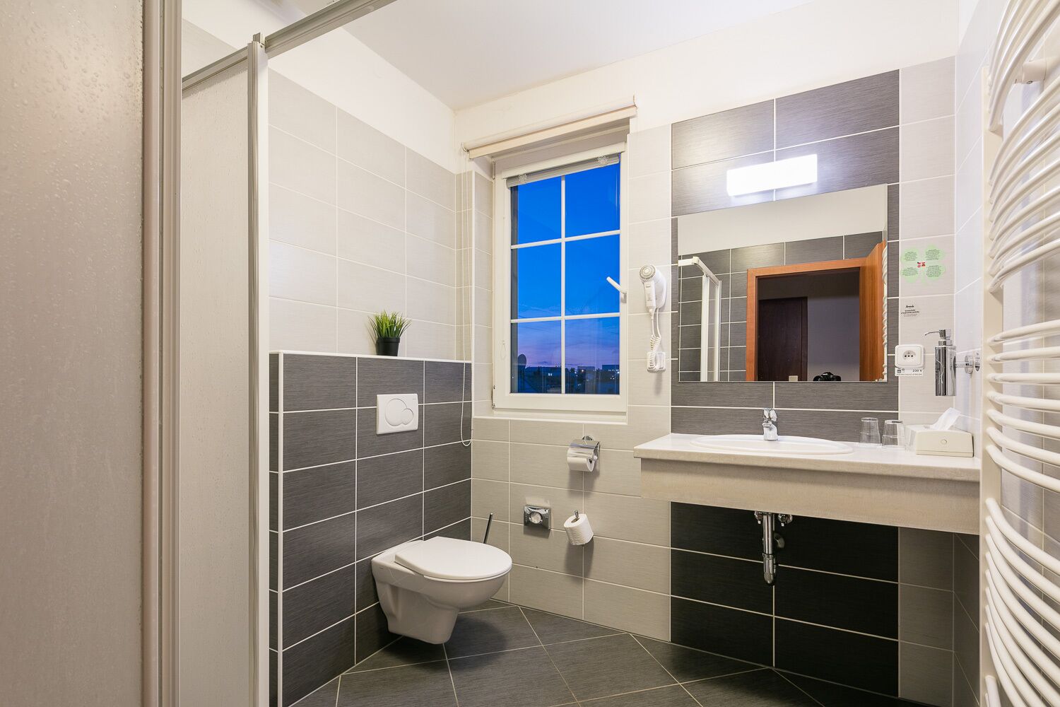 shower, free toiletries, hair dryer, towels