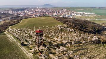 Vista aérea de un pueblo con un amplio campo abierto, una torre y un paisaje urbano distante.