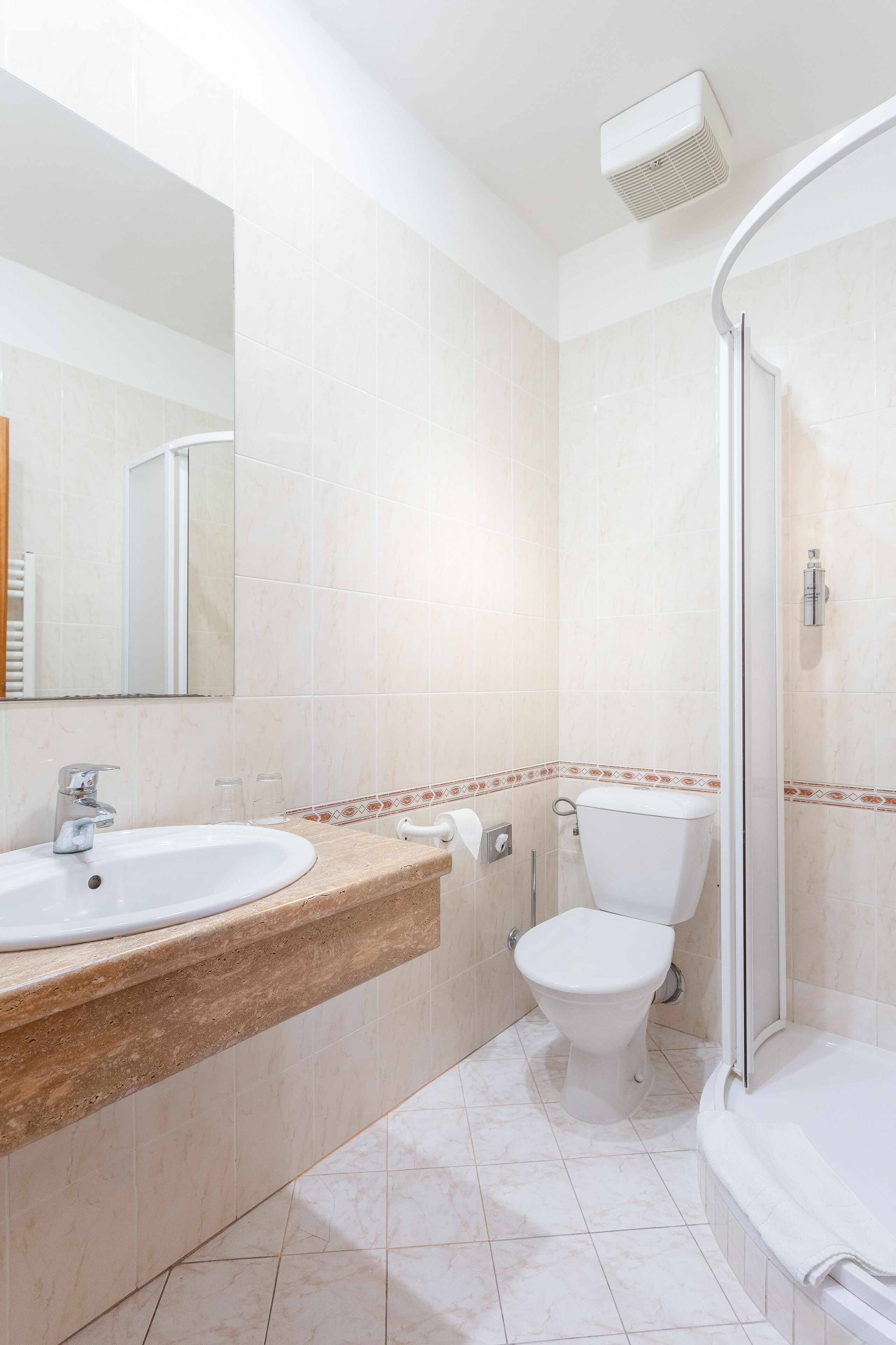 standard double room | bathroom | shower, free toiletries, hair dryer, towels