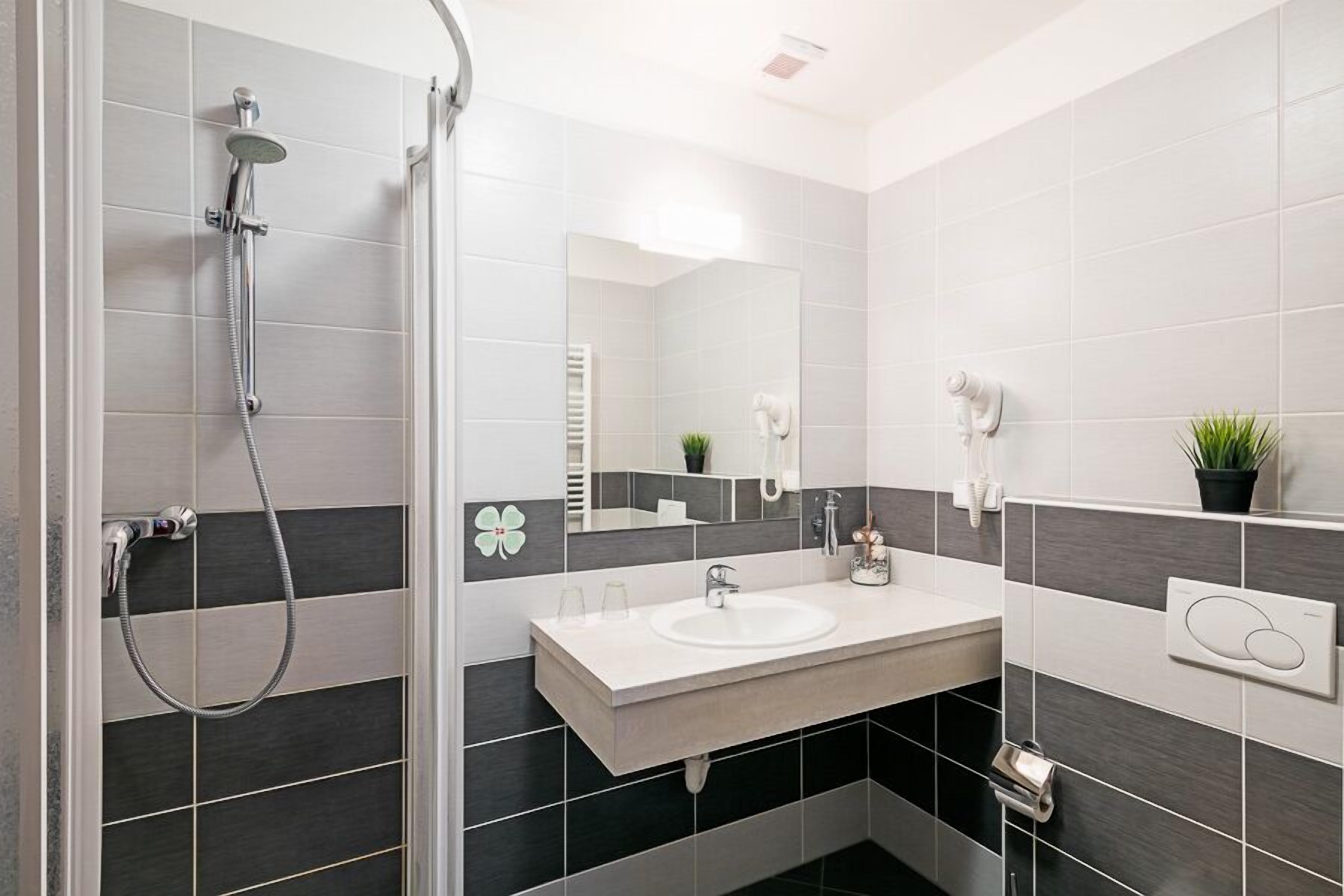 superior double room | bathroom | shower, free toiletries, hair dryer, towels