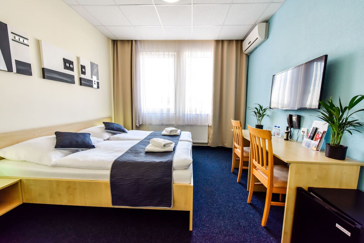 A hotel room with a bed, a desk, a chair, a TV, and a potted plant.