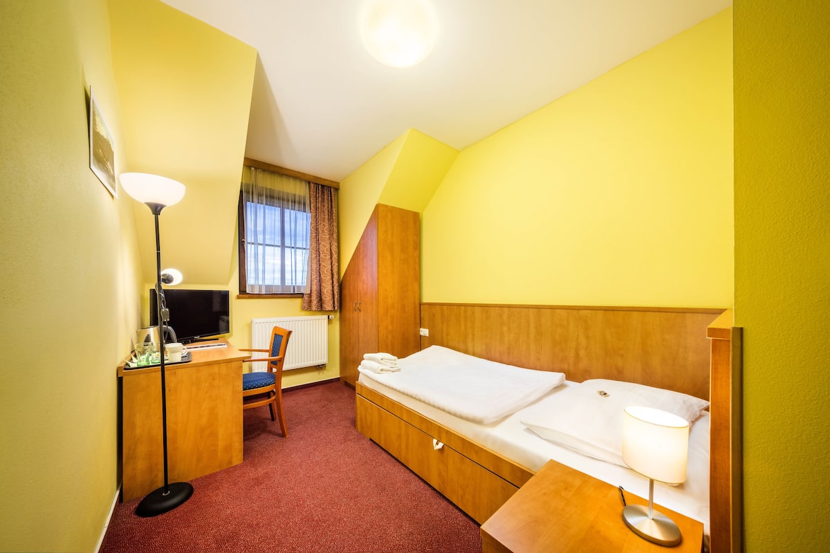 Une chambre d’hôtel de taille réduite, comprenant un lit, un bureau, une chaise et un téléviseur.