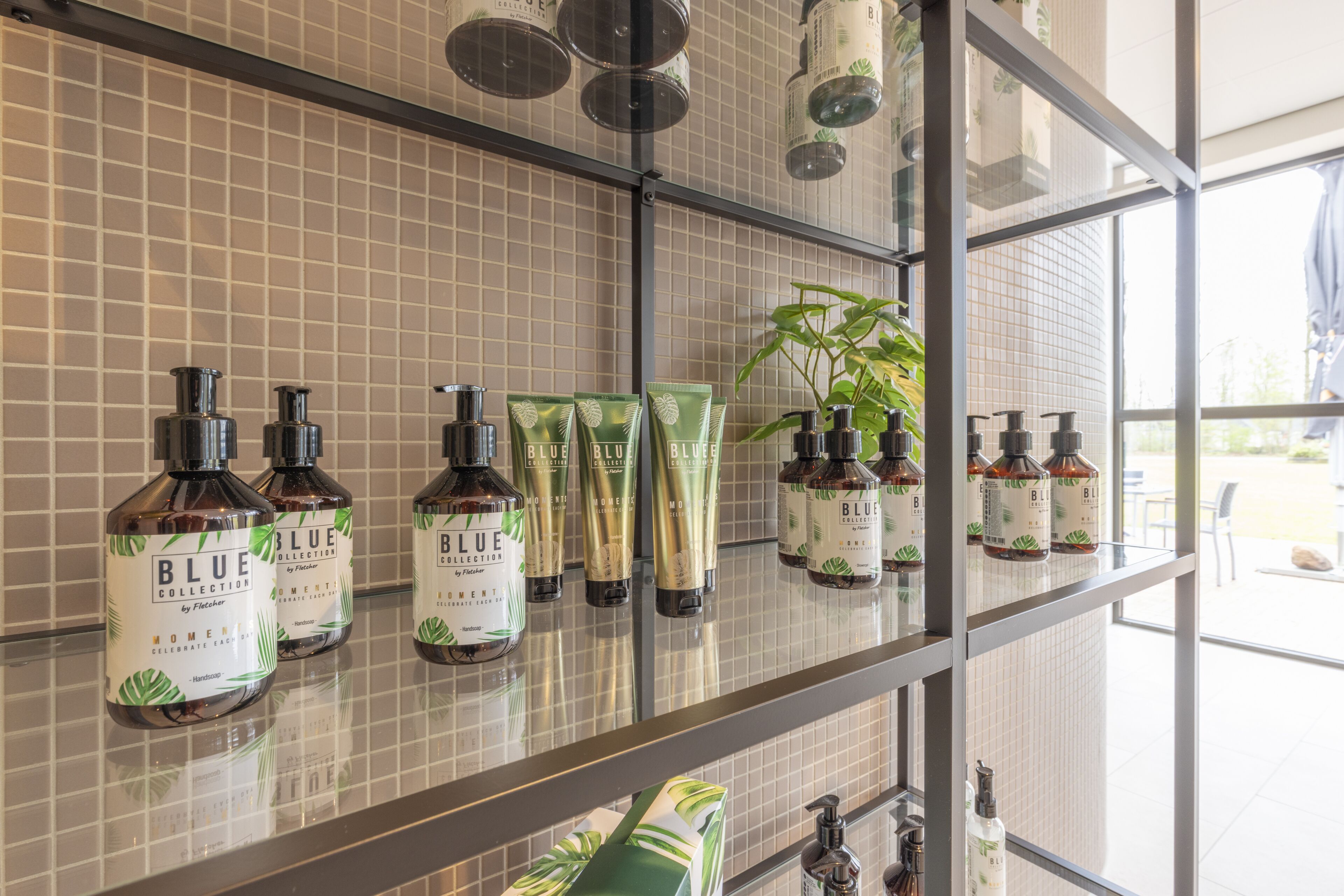 A bathroom with a tiled wall, shelves with various toiletries, and a potted plant.