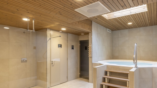 Een moderne badkamer met een douchecabine van glas, een houten plafond en een jacuzzi.