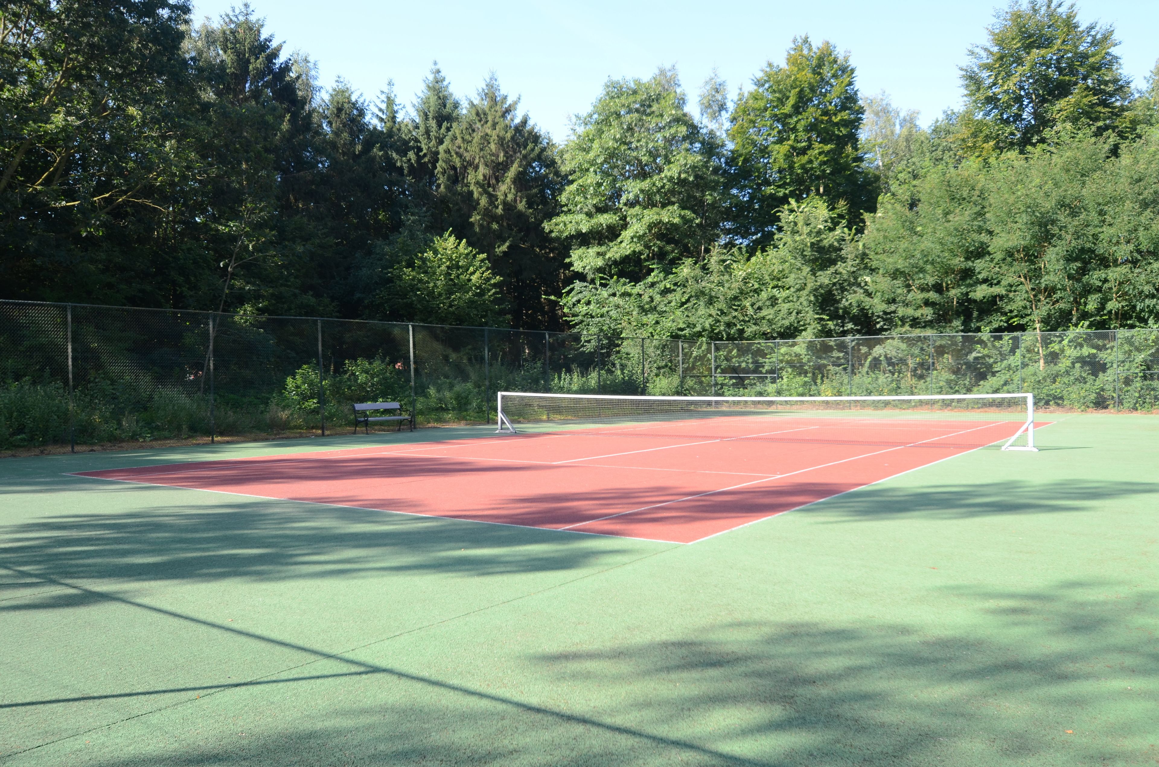 Un court de tennis avec un filet, entouré d’arbres.