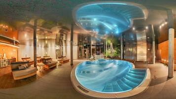 Indoor pool, outdoor pool, pool loungers