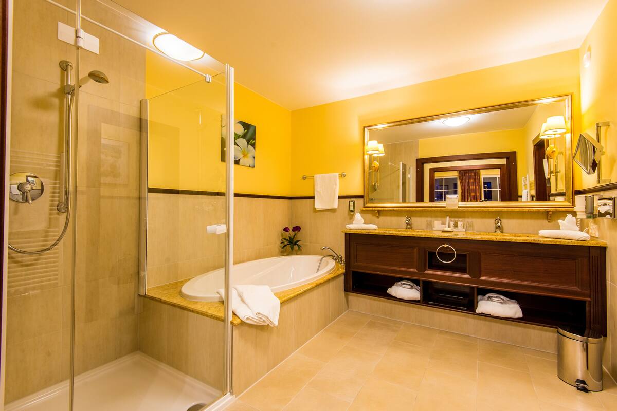 royal suite | bathroom amenities | separate bathtub and shower, deep-soaking bathtub, free toiletries