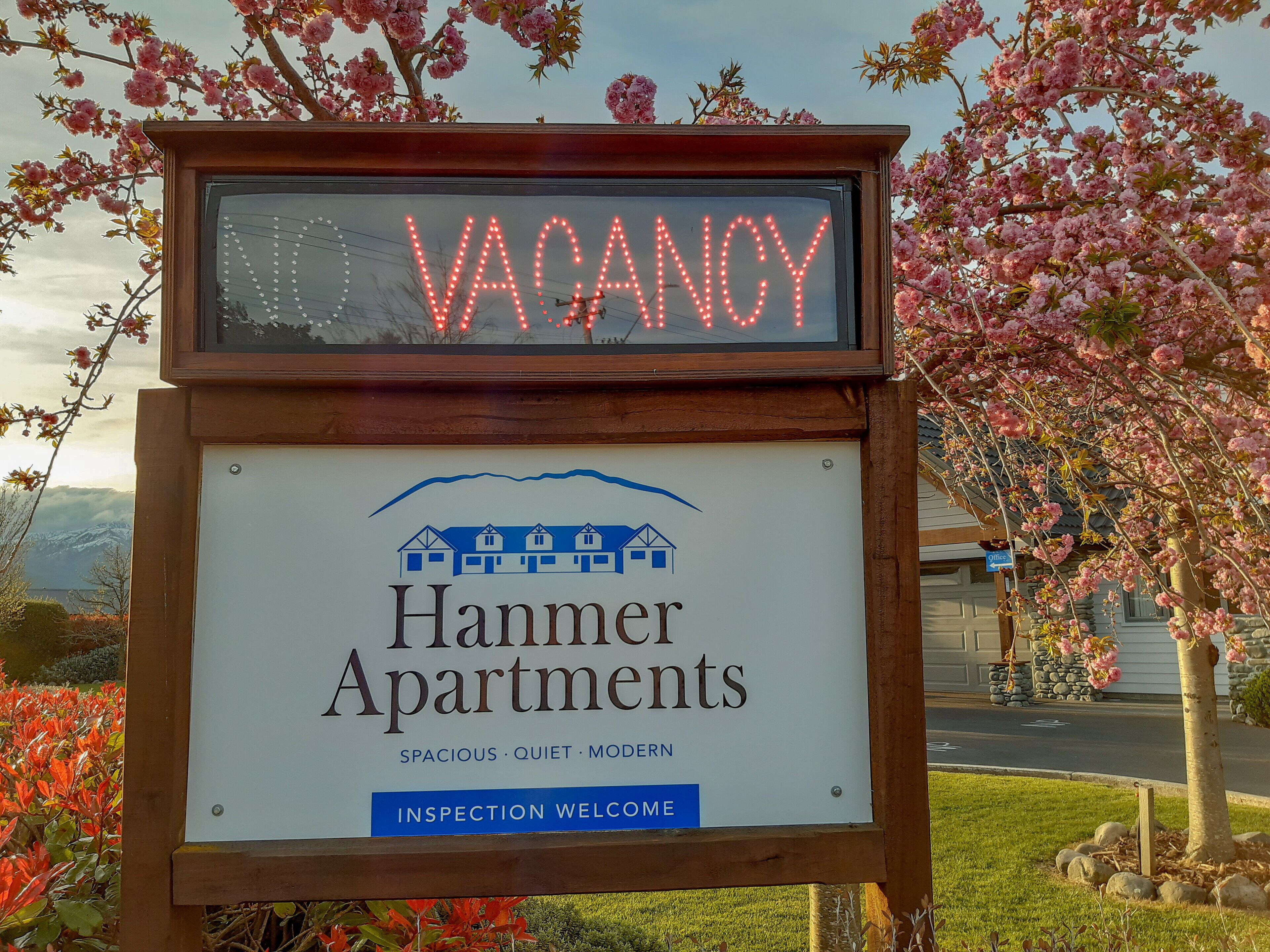Une pancarte indiquant qu’il y a un logement disponible dans les appartements Hanmer, avec en arrière-plan une vue sur des arbres en fleurs et un paysage montagneux.