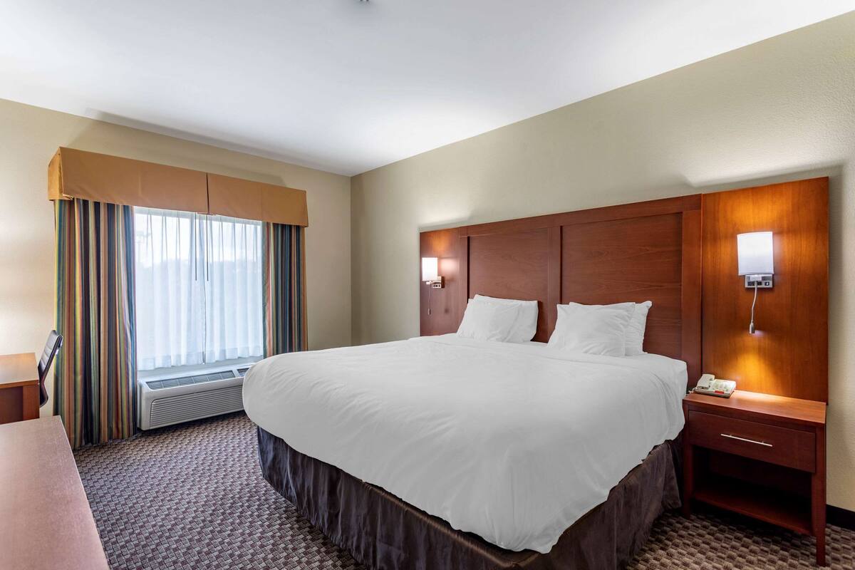 A hotel room with a large bed, a desk, a chair, a bedside table with a lamp, and a window with curtains.