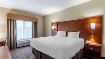 Down comforters, desk, laptop workspace, blackout drapes