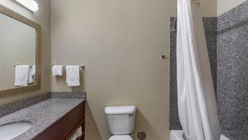 A bathroom with a toilet, sink, and shower area.