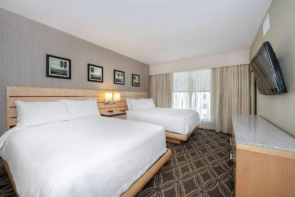 Habitación de hotel con dos camas, un televisor, una ventana con cortinas y cuadros en la pared.