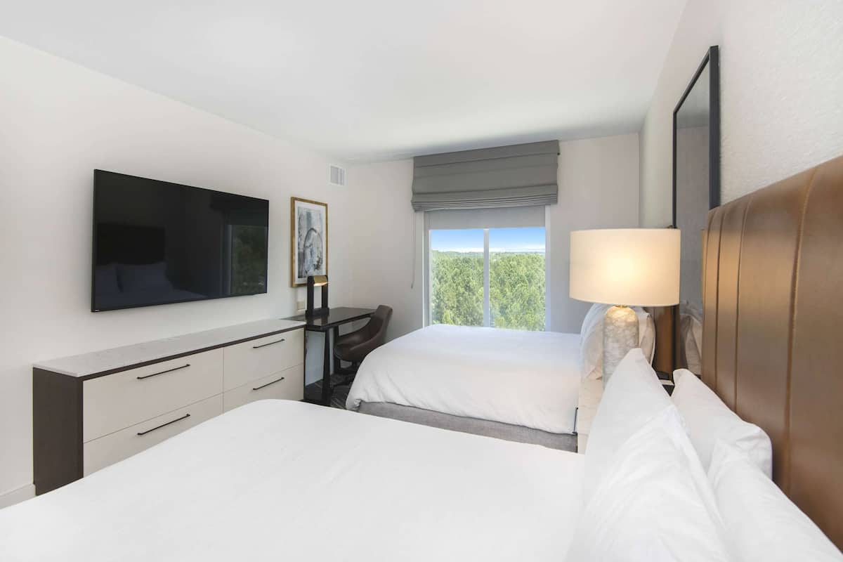 Habitación de hotel con dos camas, un escritorio, un televisor y una ventana con vista a árboles.