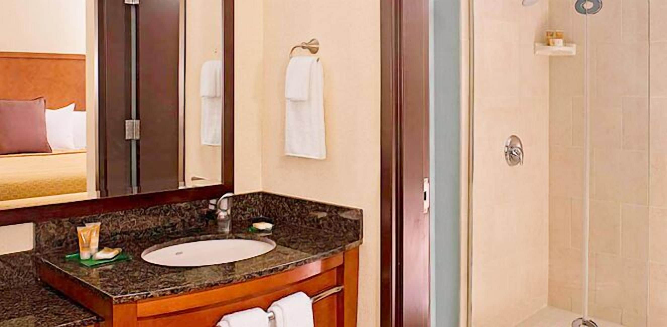 combined shower/bathtub, designer toiletries, hair dryer, towels