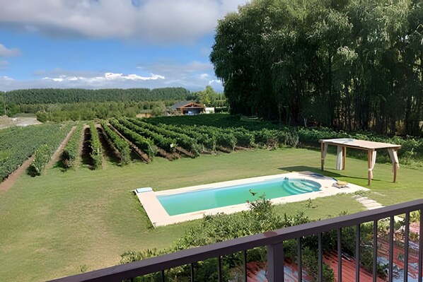 A pool with a wooden deck, surrounded by a grassy area and a vineyard. - Finca Ogawa (Tunuyan)