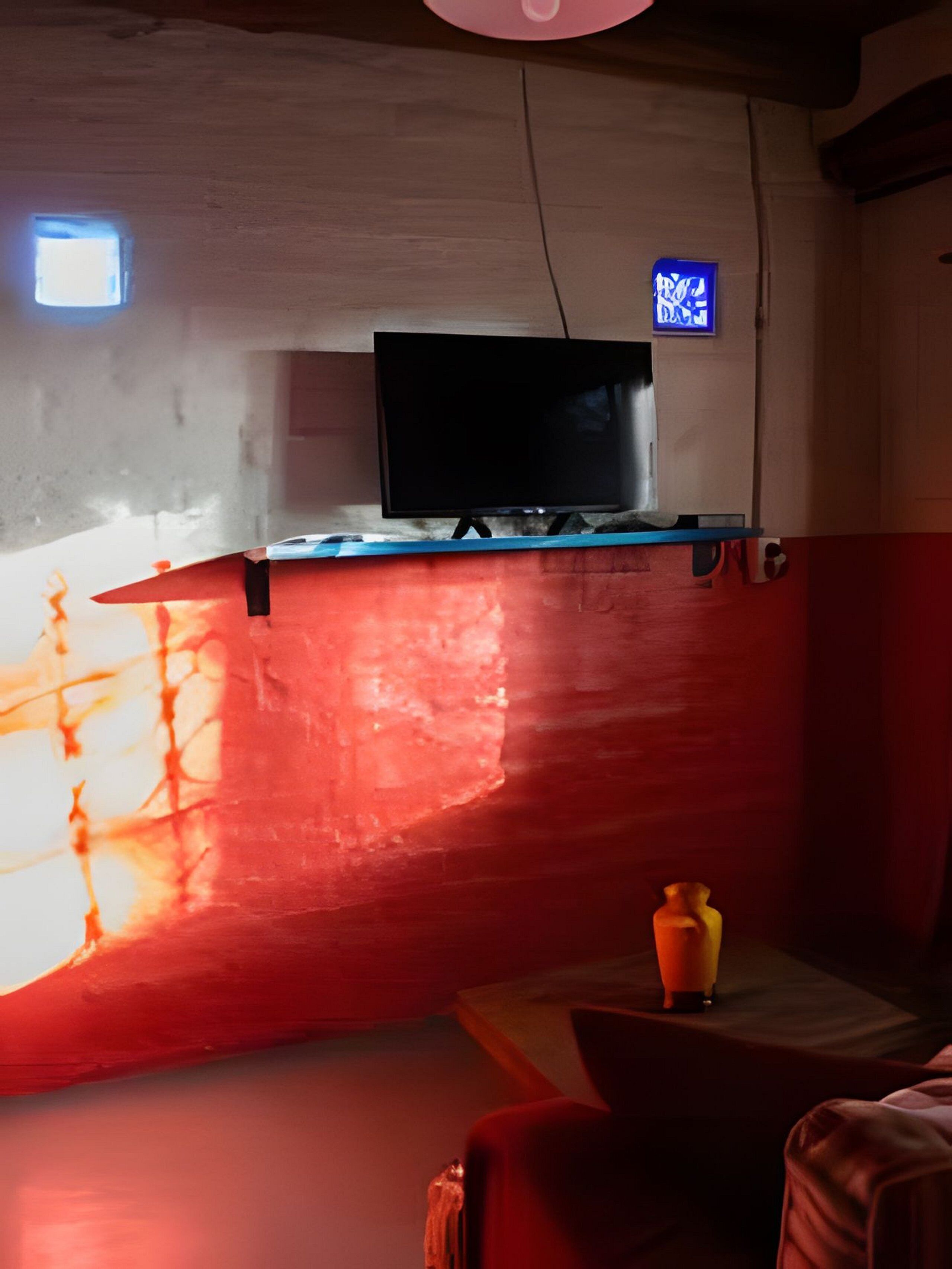Habitación con televisión montada en una pared roja, una mesita con un jarrón y una ventana con luz azul.