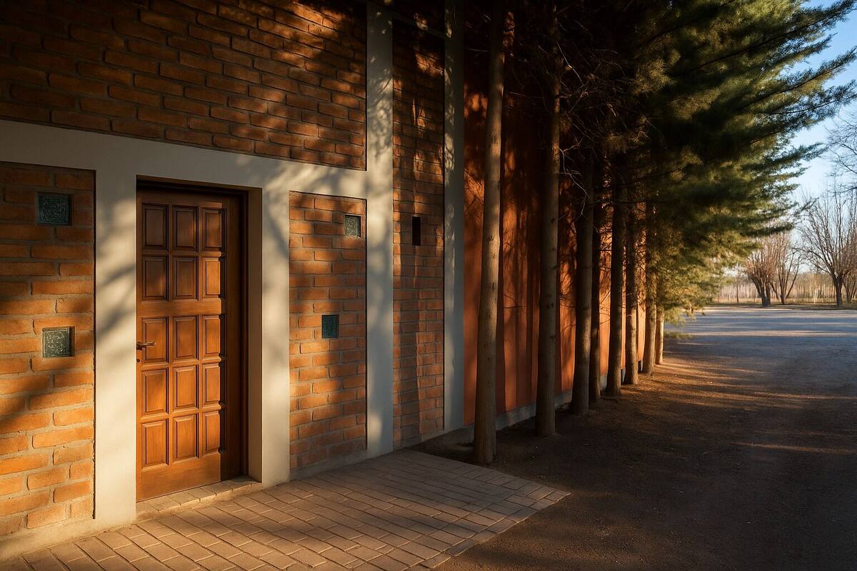 Un bâtiment avec une façade en briques, une porte en bois et un espace d’entrée pavé.