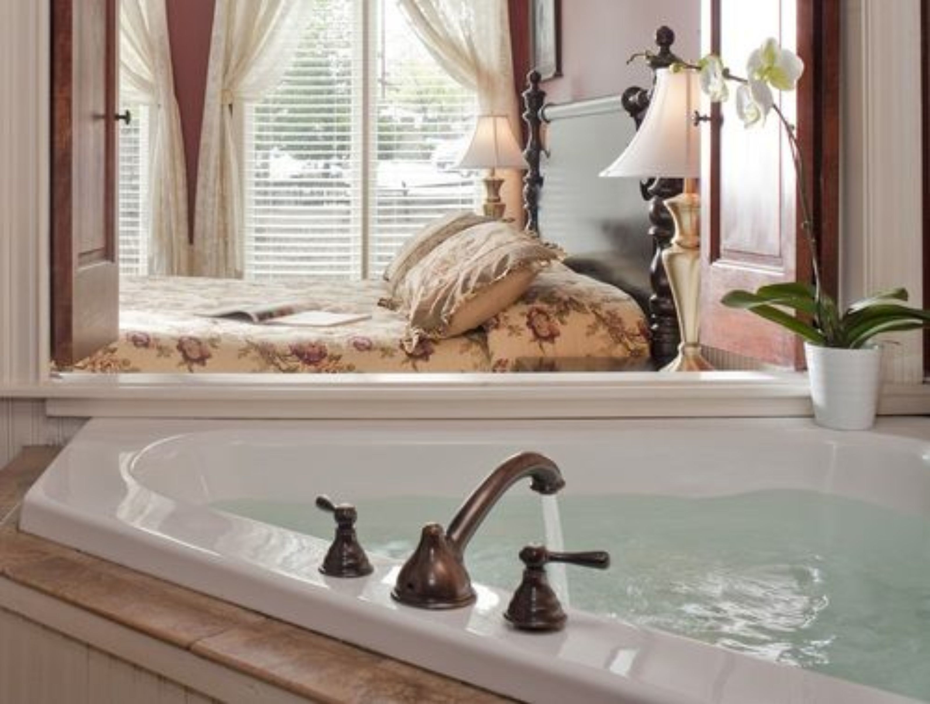 A bathroom with a bathtub, a mirror reflecting a bedroom, and a potted plant.