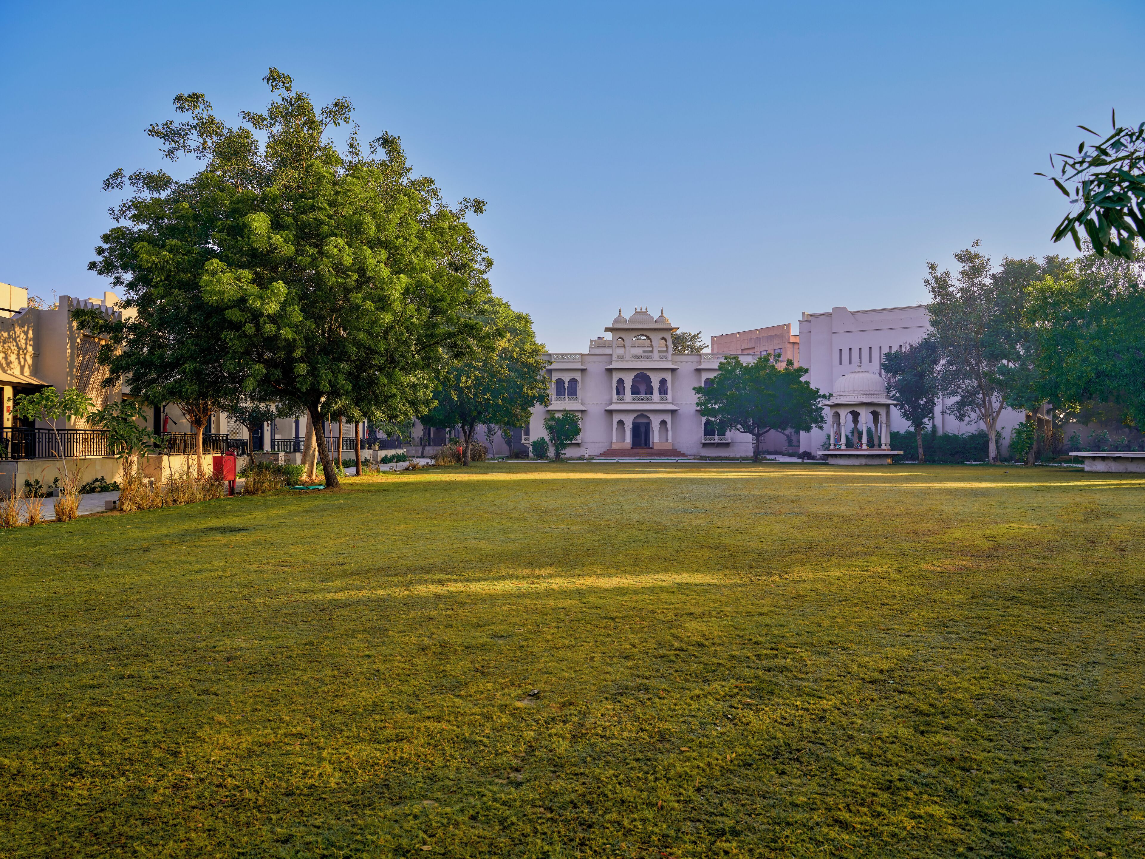 A spacious grassy courtyard with a large tree and a historic building with arched windows and a central tower.
