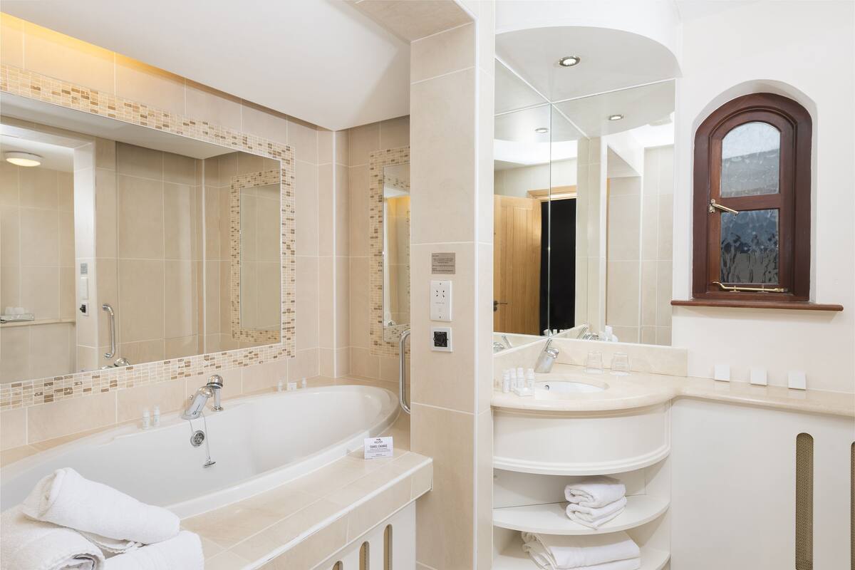 combined shower/bathtub, free toiletries, hair dryer, towels