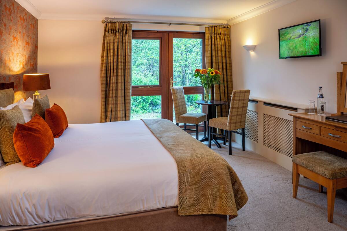 A hotel room with a large bed, a desk, a chair, a television, and a window with curtains.