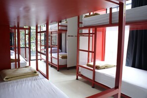 A dormitory room with bunk beds, a window, and a door.