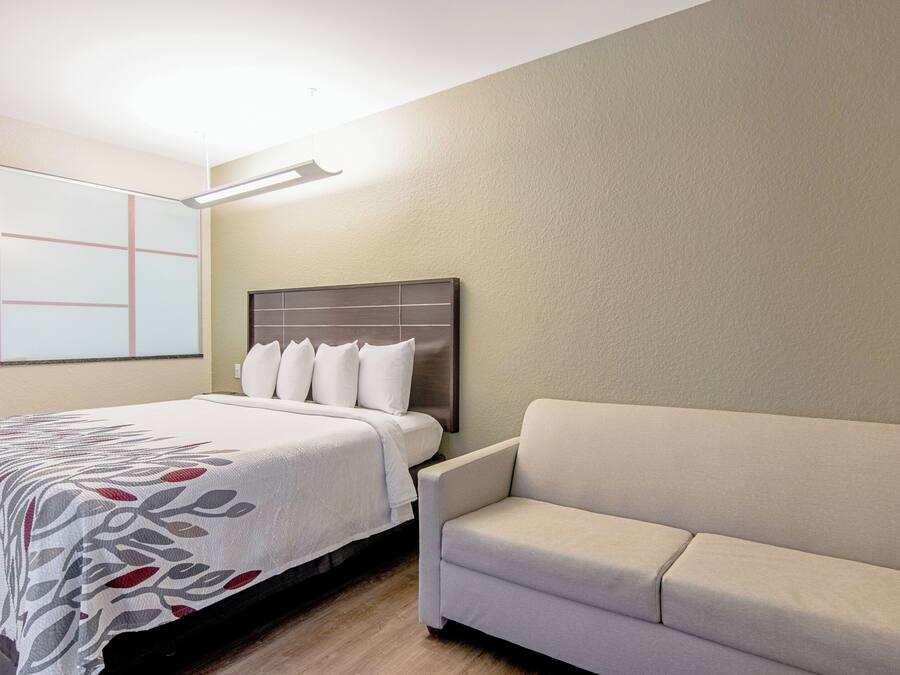 A hotel room with a bed, a headboard, a sofa, and a wall with a geometric design.