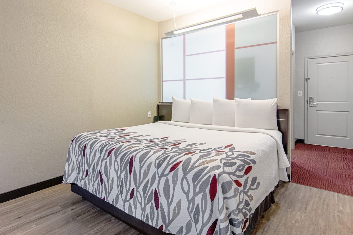 Una habitación de hotel con cama, ventana, puerta y piso alfombrado.