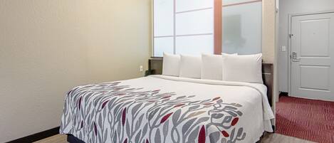 Una habitación de hotel con cama, ventana, puerta y piso alfombrado.