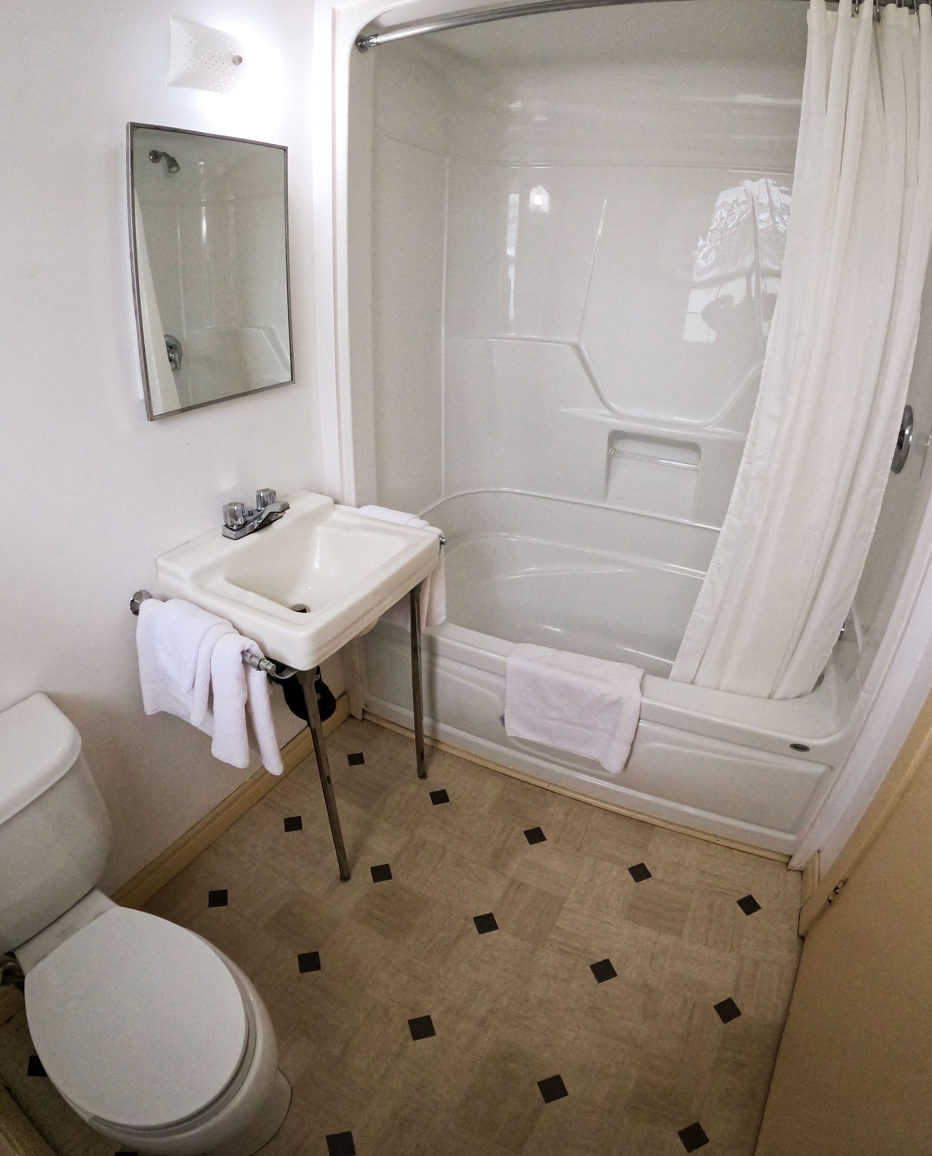 A bathroom with a sink, toilet, and shower.