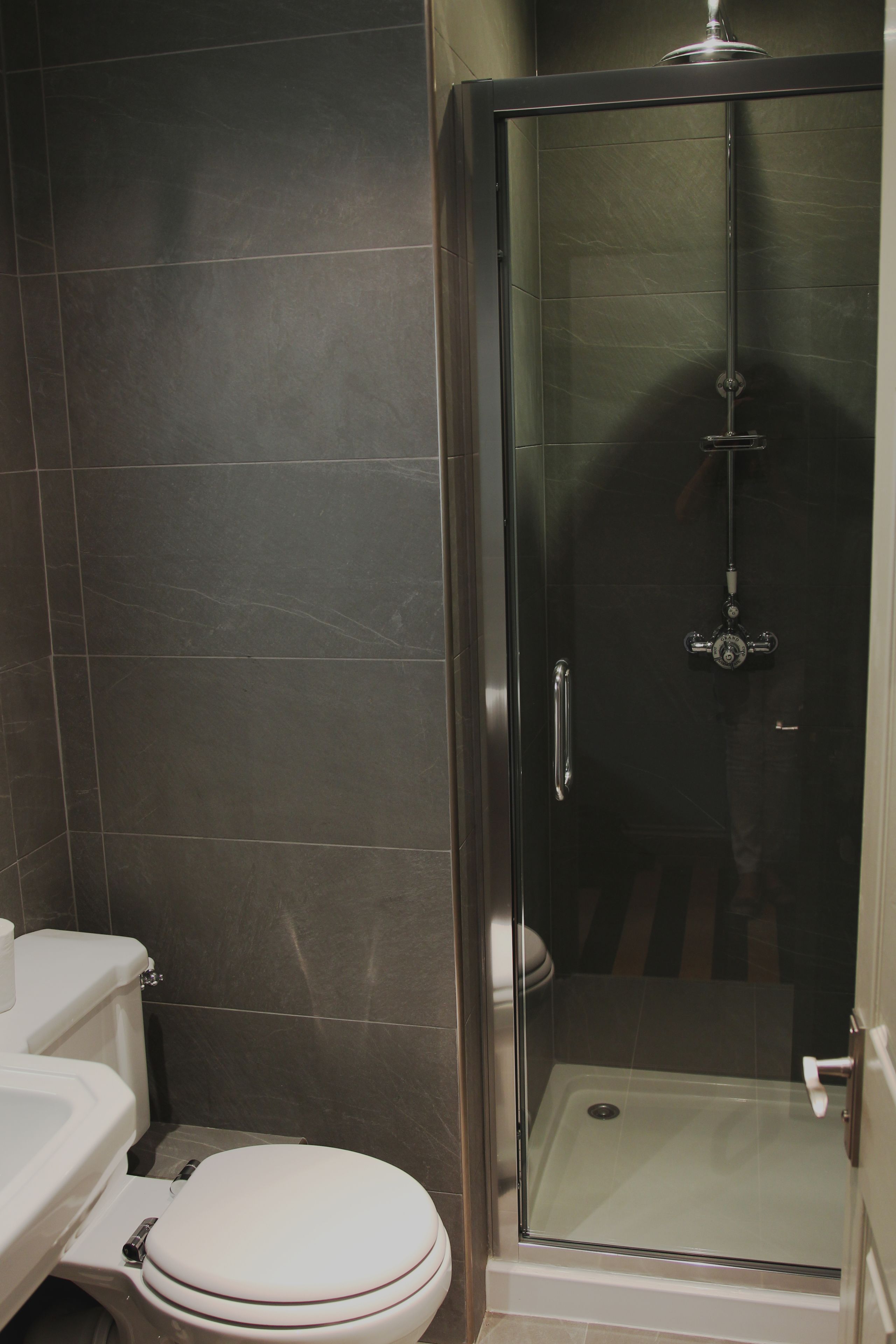A bathroom with a glass-enclosed shower, a white toilet, and dark tiled walls.