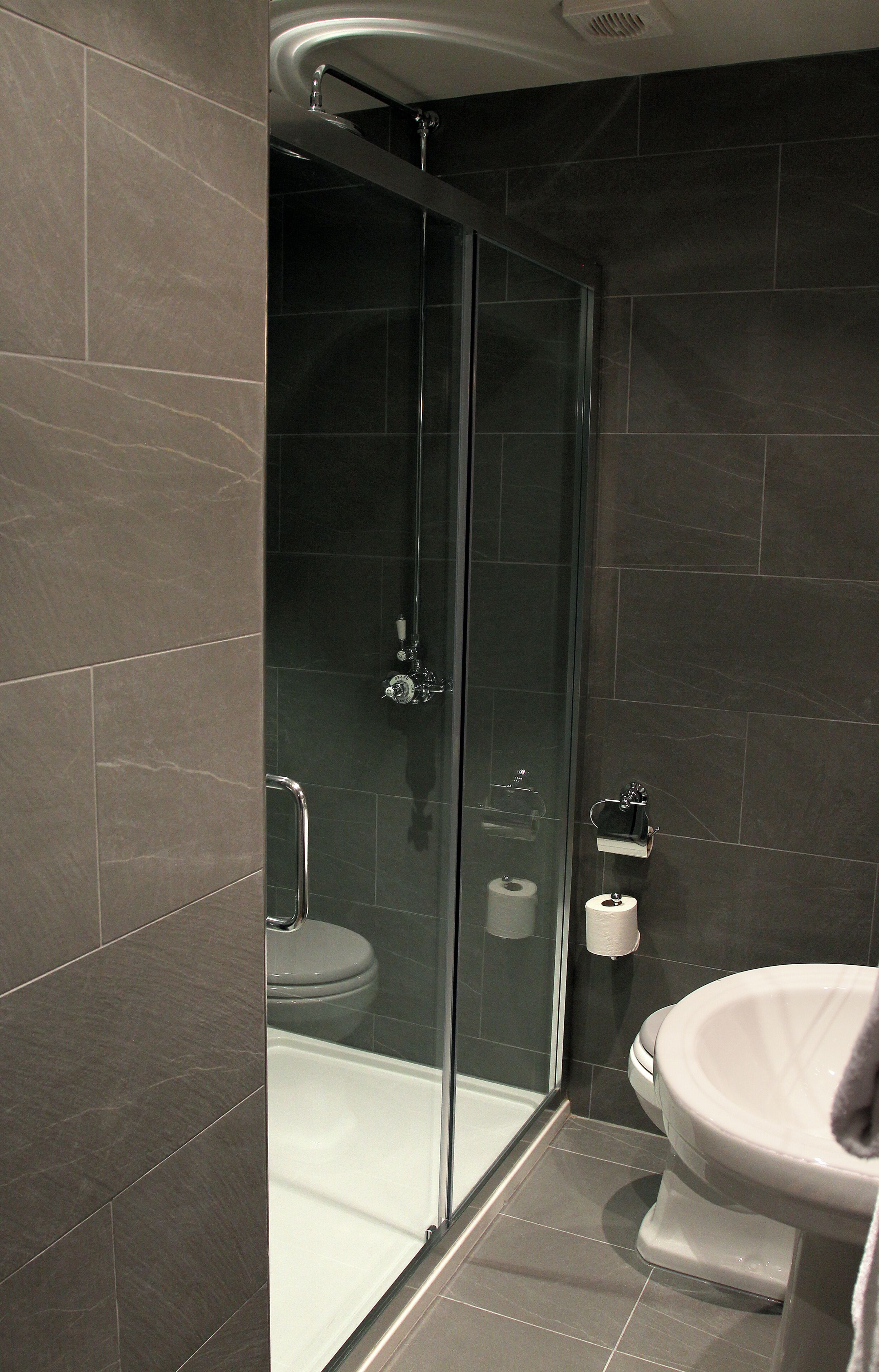 A modern bathroom with a glass-enclosed shower, a white toilet, and a sink.