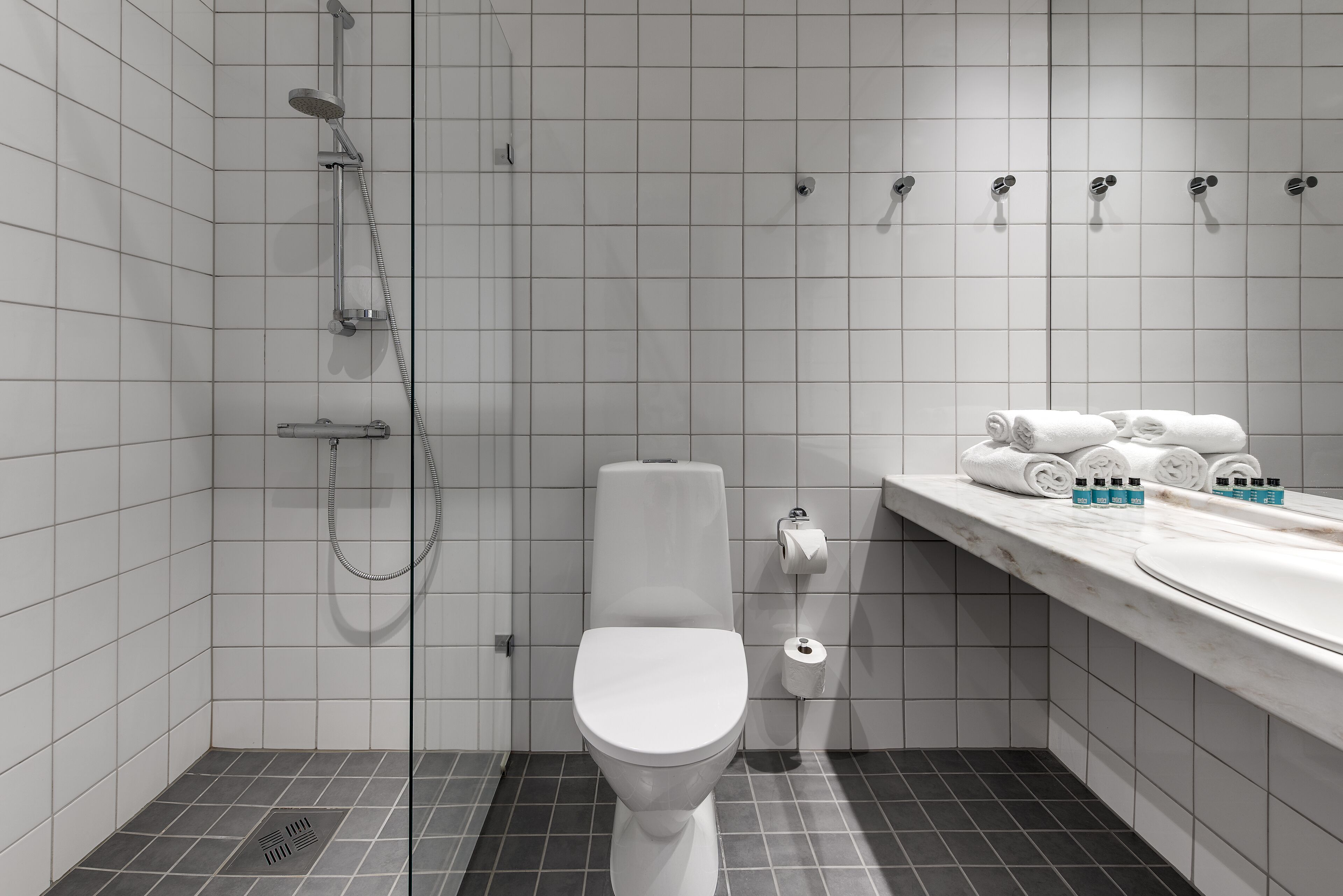 shower, free toiletries, hair dryer, heated floors