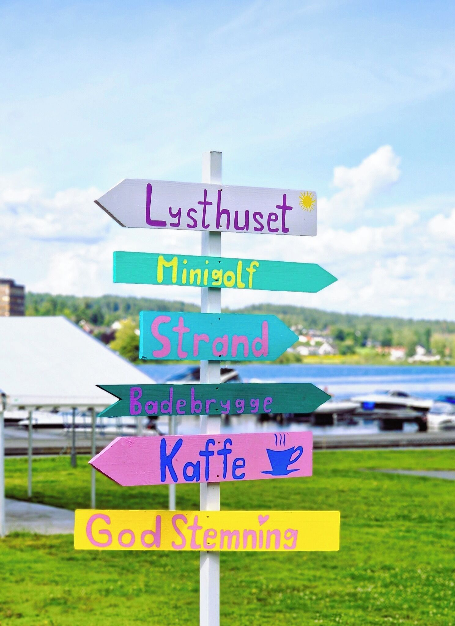 A multi-directional signpost with various destinations labeled.