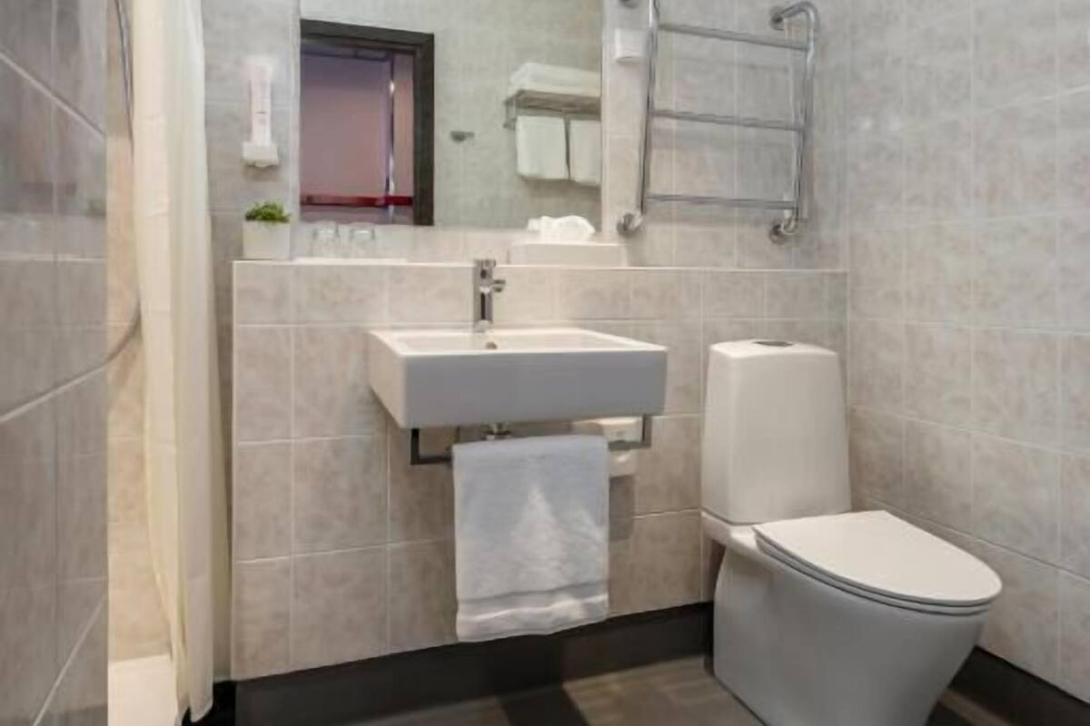 hair dryer, towels, soap, shampoo