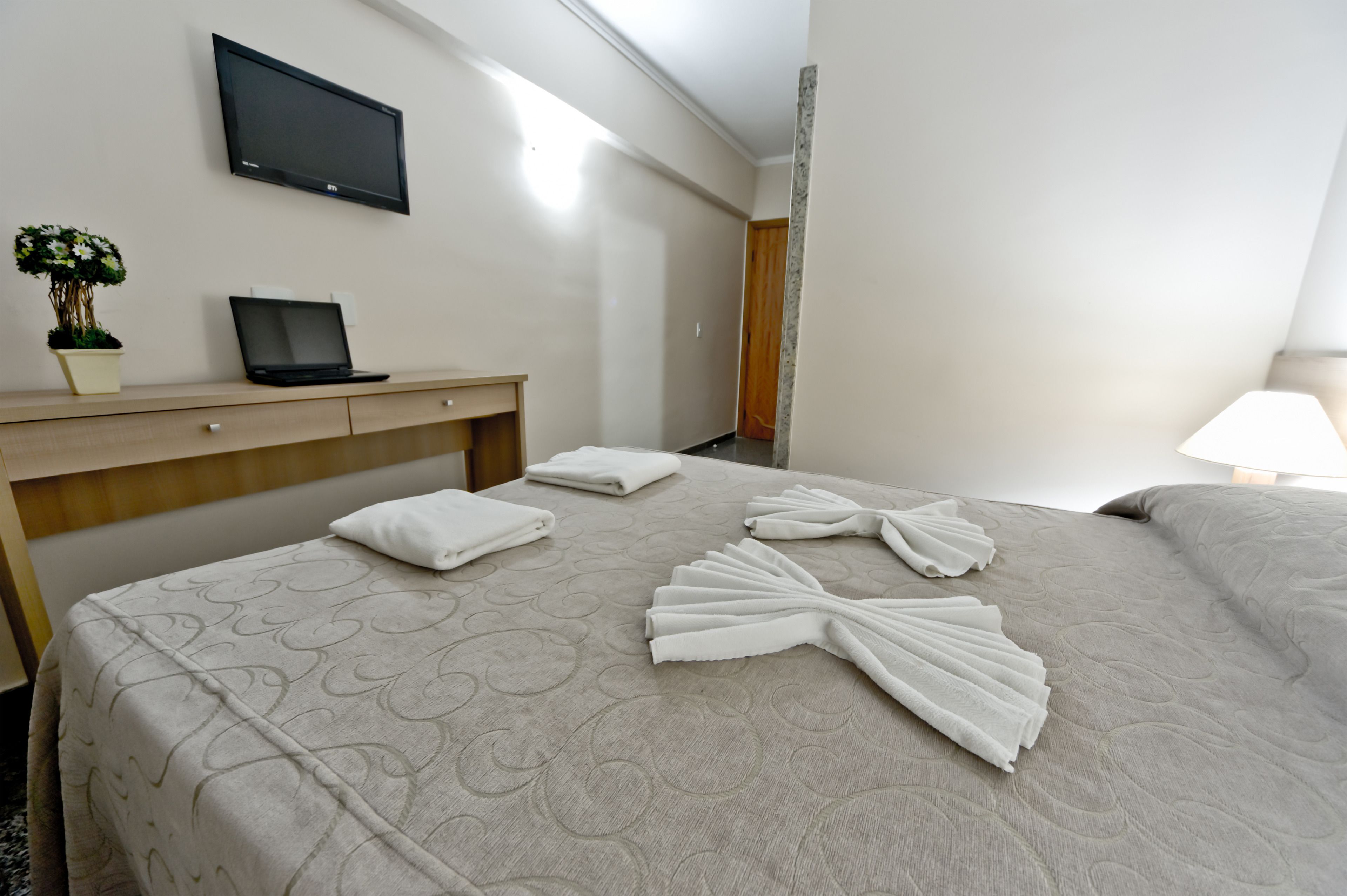 A hotel room with a bed, a desk with a laptop, a TV, and a potted plant.