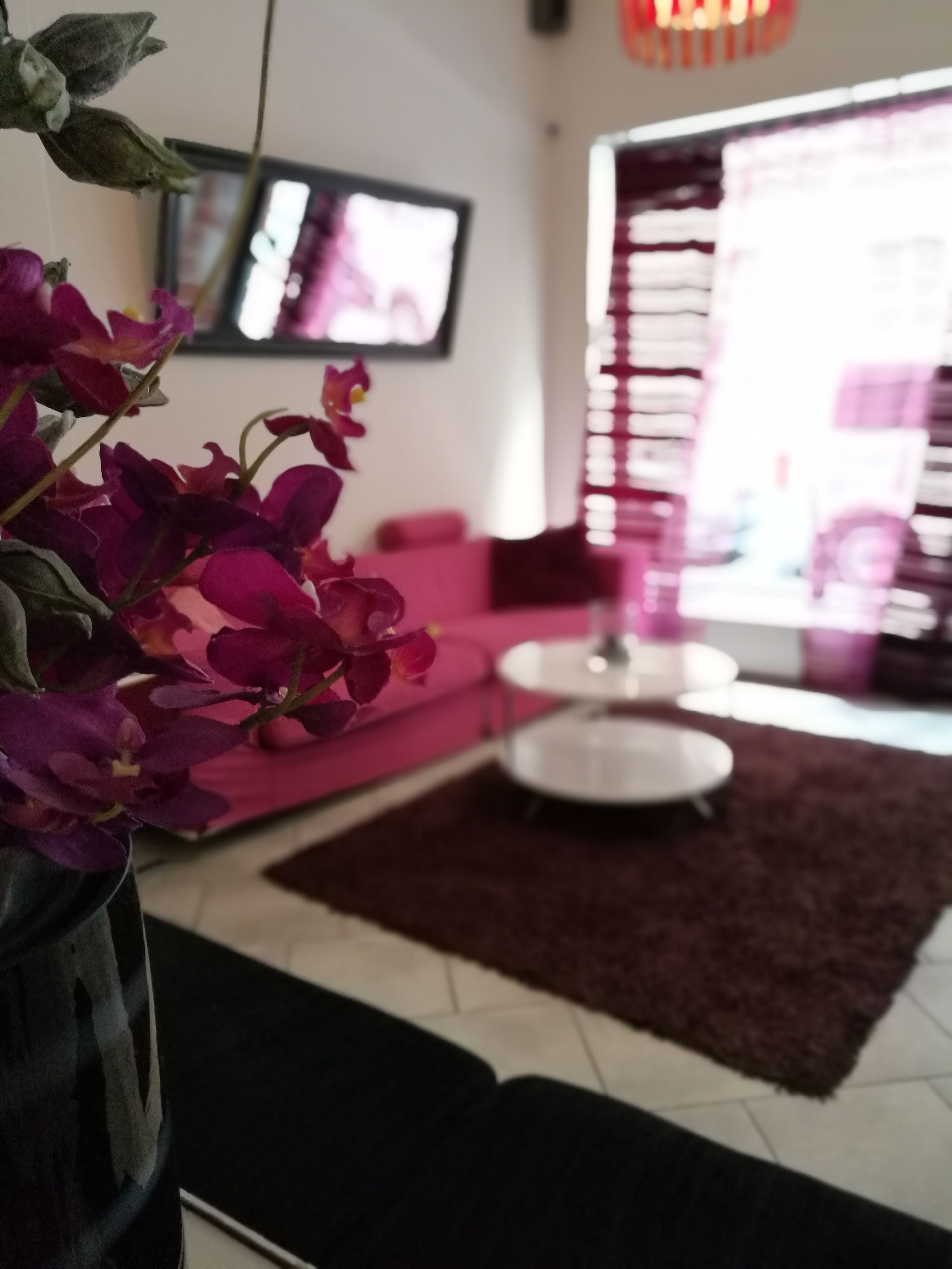 Un soggiorno con un divano rosa, un tavolo bianco rotondo e un tappeto marrone scuro.