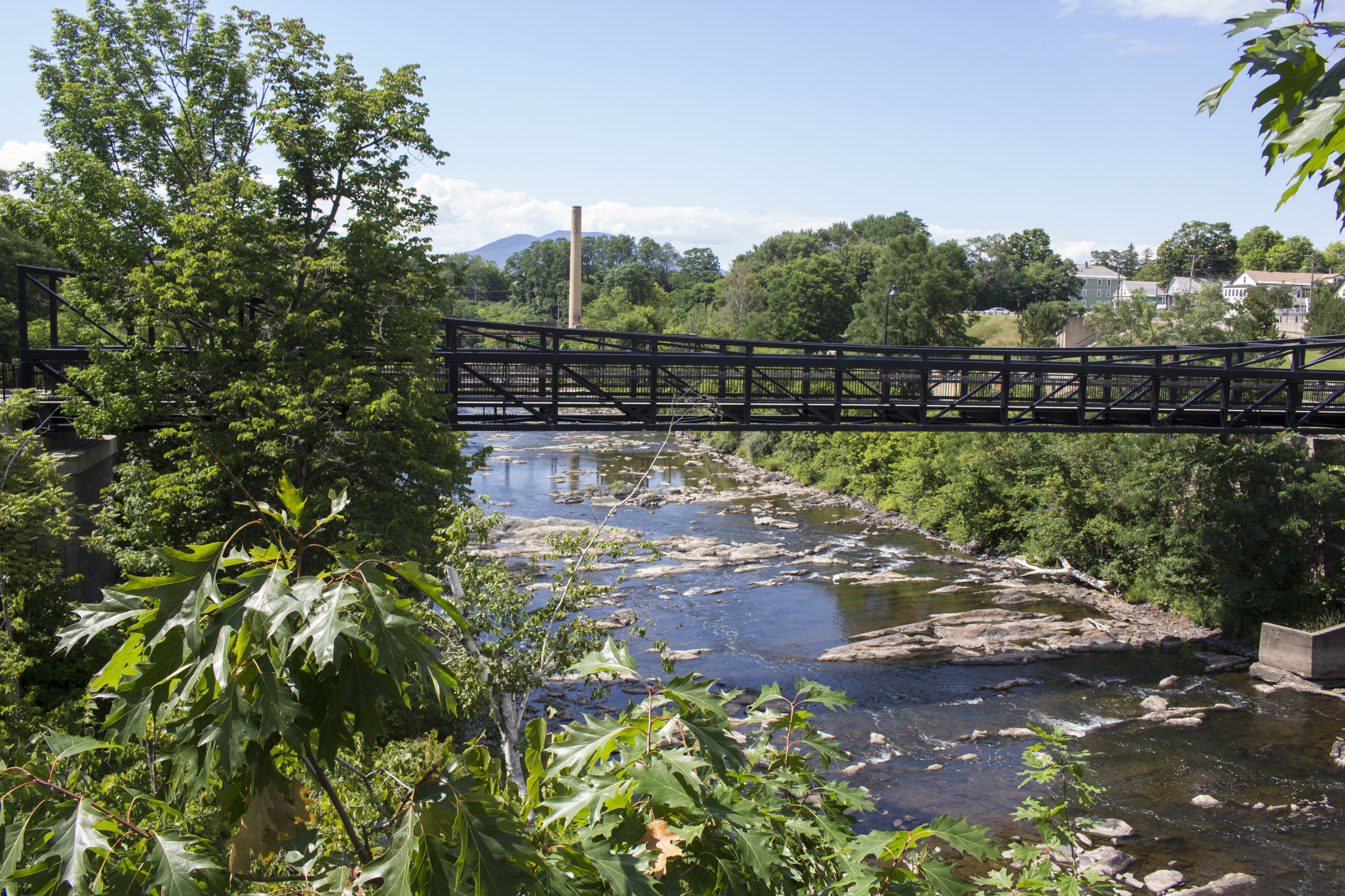 Un pont métallique enjambant une rivière, entouré de verdure et avec des maisons en arrière-plan.