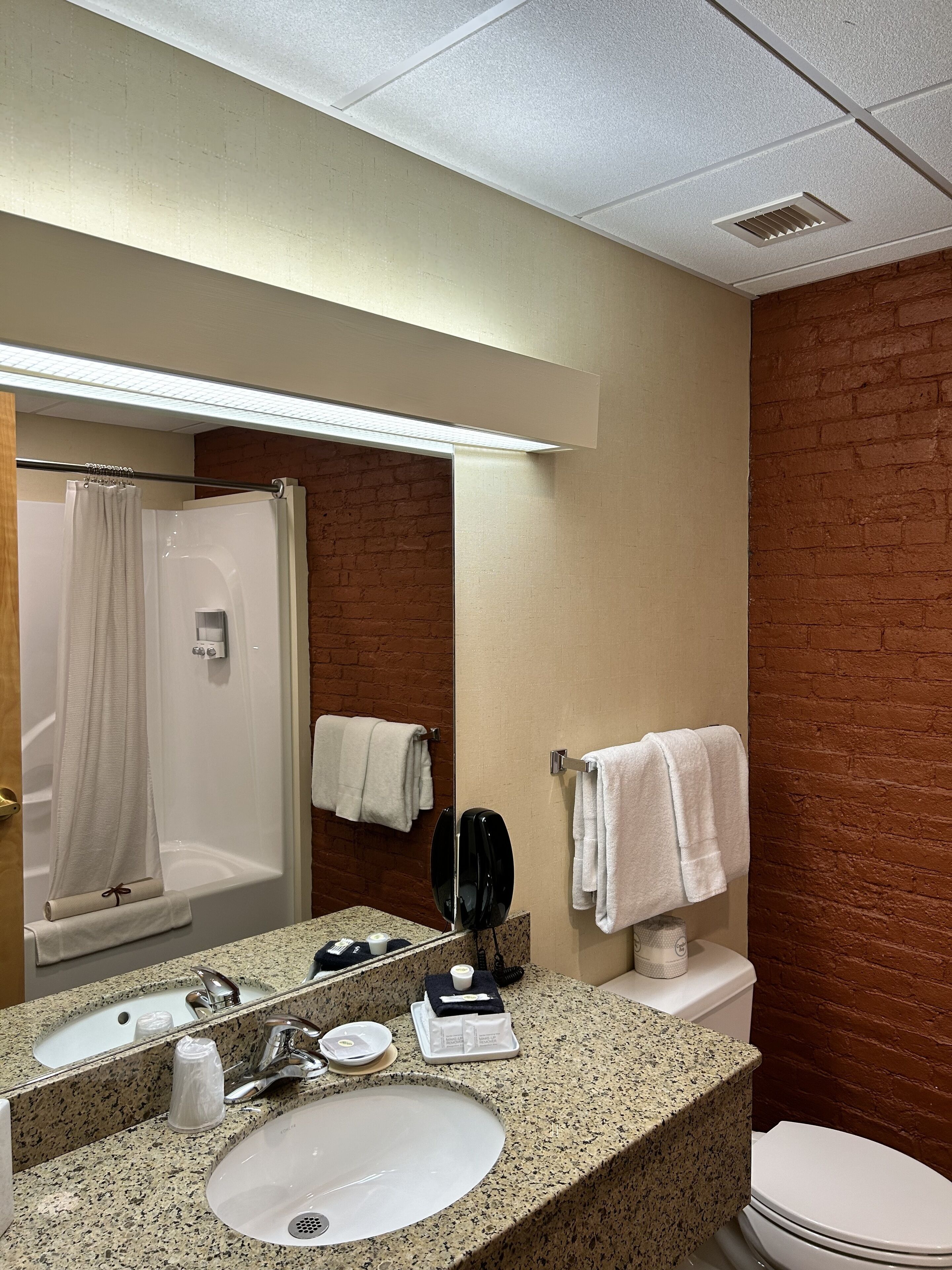 Une salle de bain avec un lavabo à vasque en granit, un miroir, une douche et des toilettes.