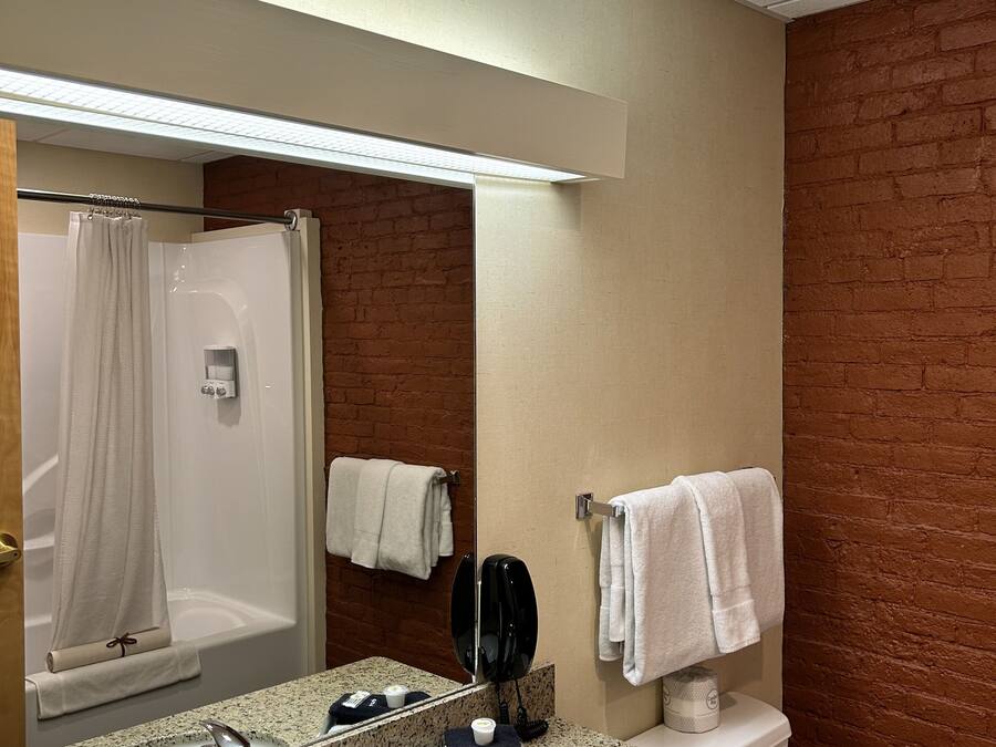 A bathroom with a granite countertop sink, a mirror, a shower, and a toilet.