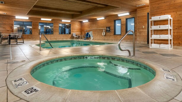 Un intérieur en bois avec deux bains à remous et un espace piscine.