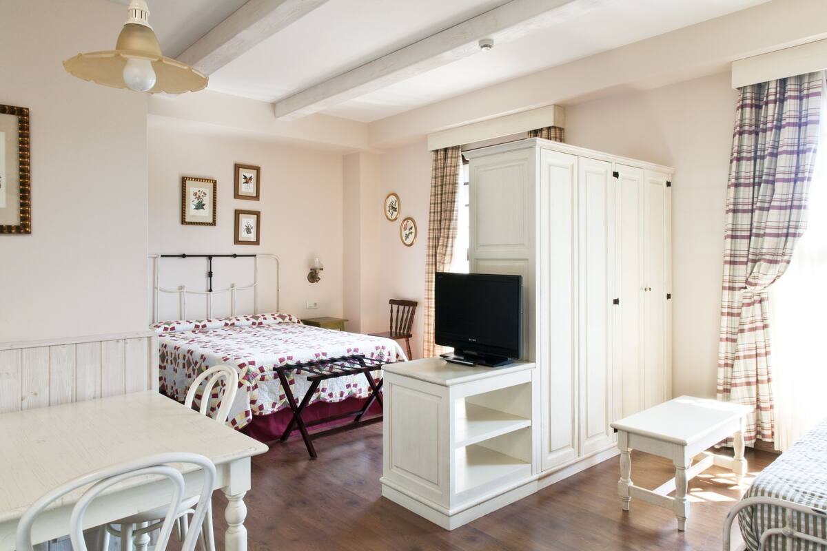Un dormitorio con cama, televisor, armario, escritorio y silla.