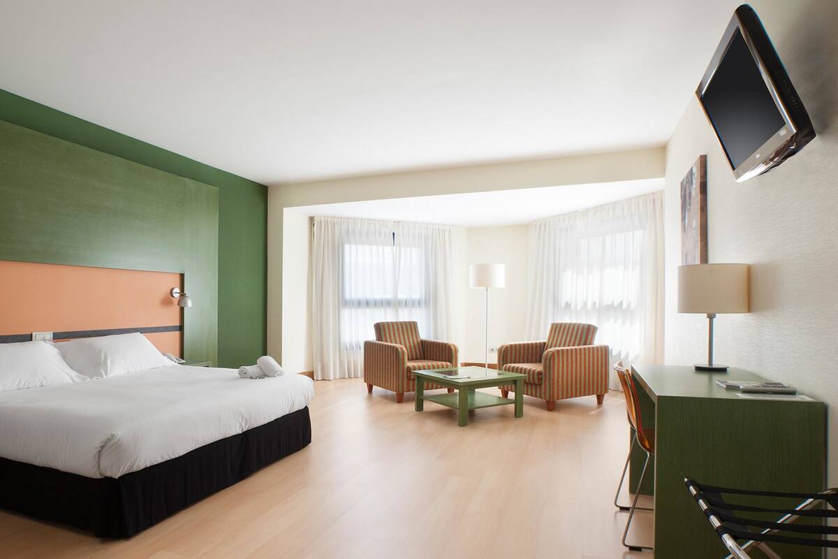 A hotel room with a bed, a desk, a chair, a television, and a window with curtains.