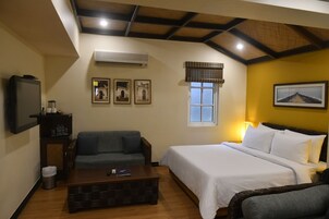 Un dormitorio con una cama, un sofá, una mesa de centro y una televisión.